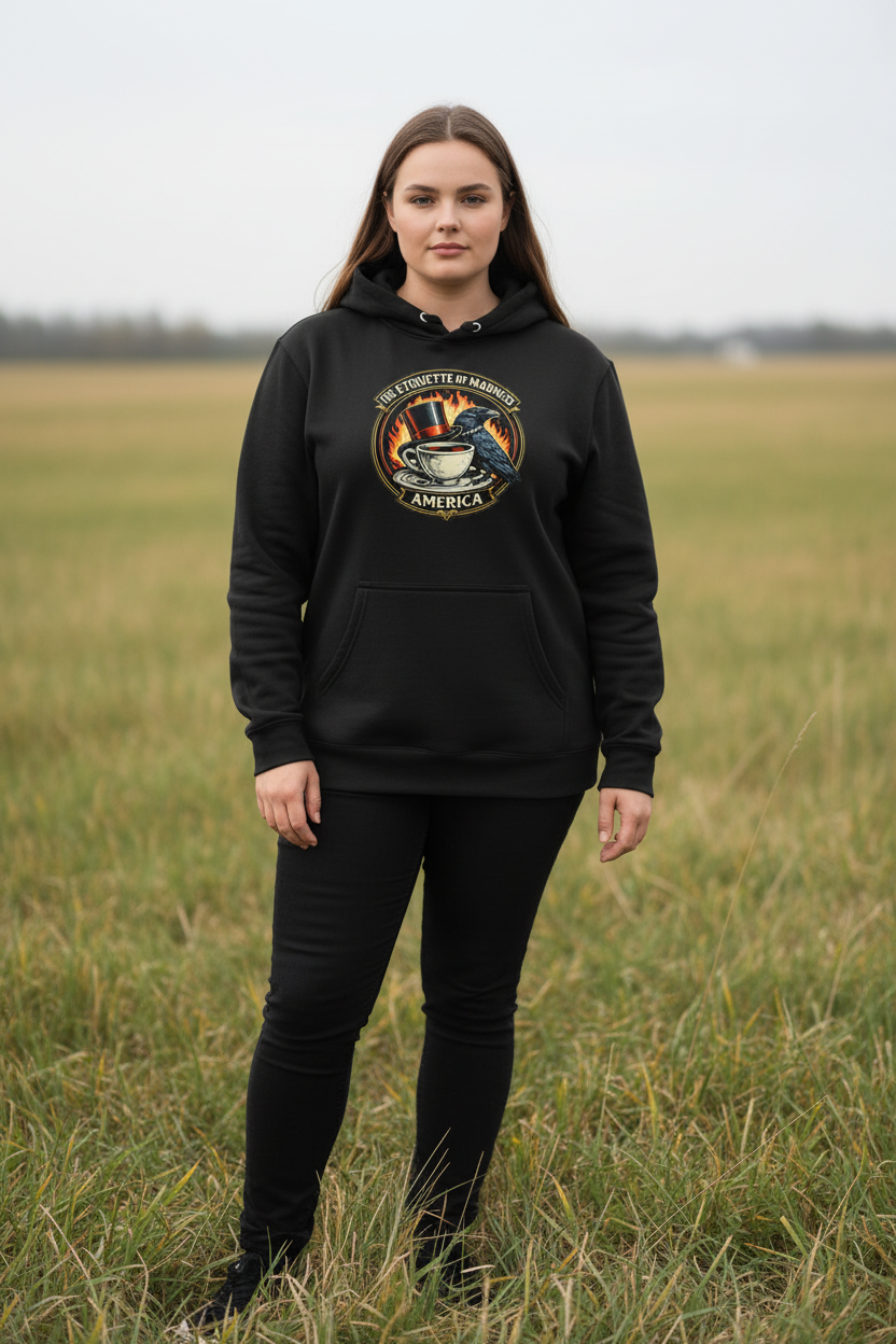 Black hoodie full body shot - plus-size woman in field