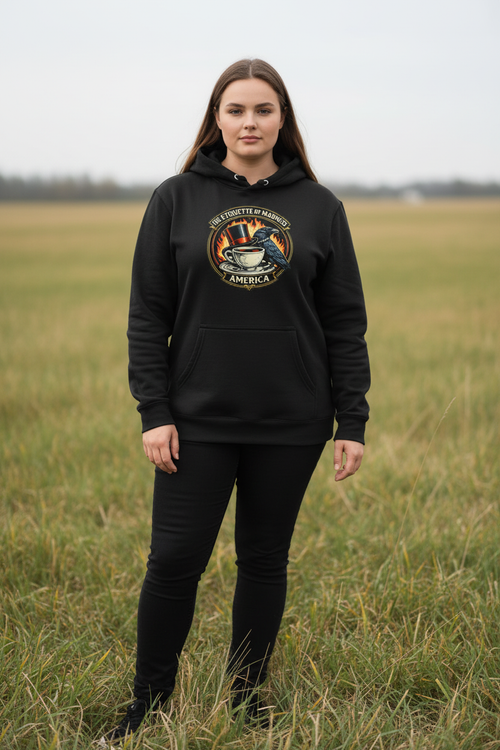 Black hoodie full body shot - plus-size woman in field