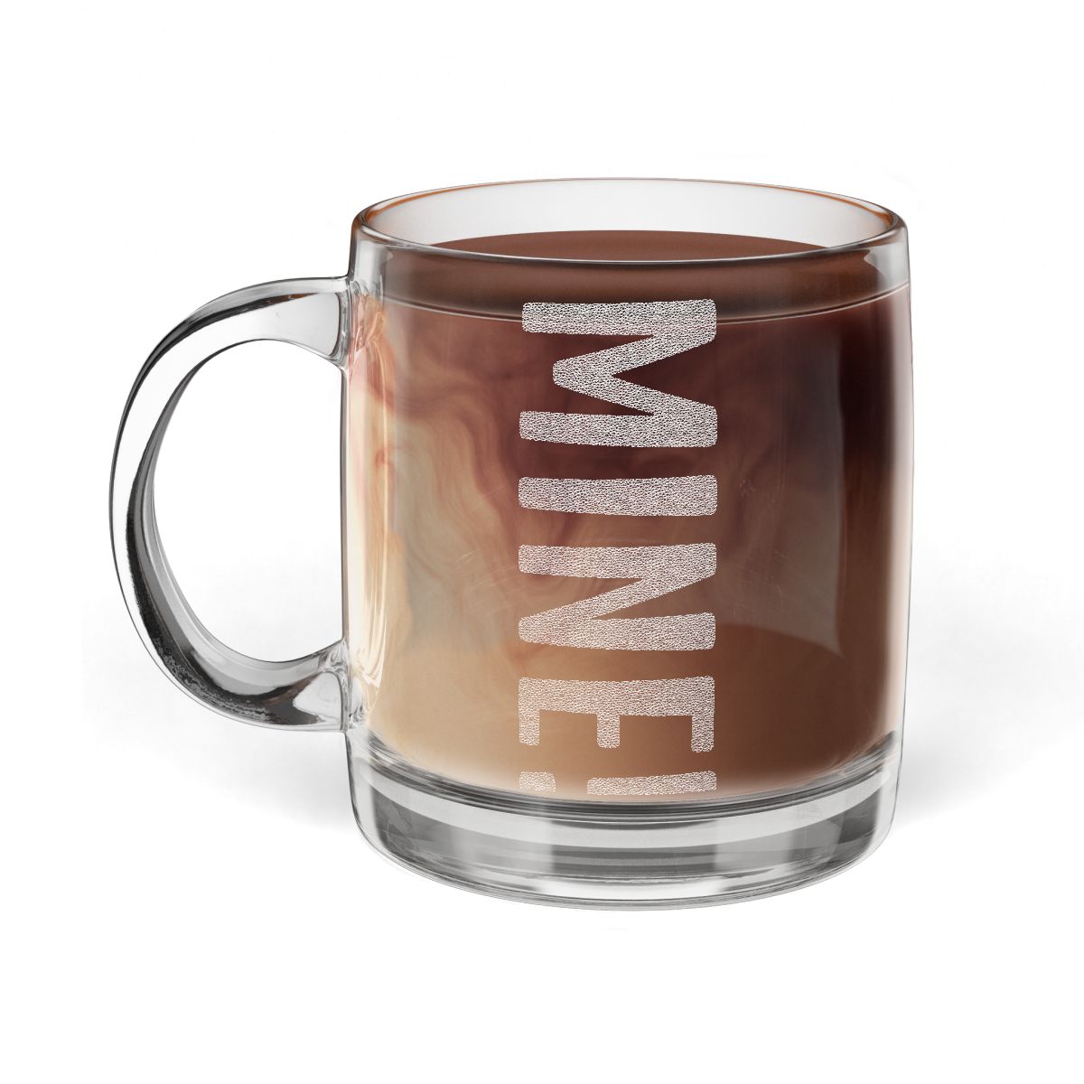 MINE! etched glass coffee mug, 12.25oz, handle view