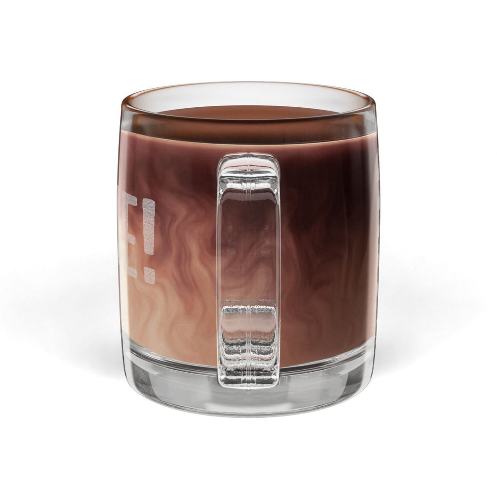 MINE! etched glass coffee mug, 12.25oz, side view